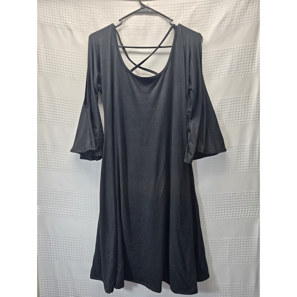24Seven Womens Black Cold Shoulder Bell Sleeve A-Line Midi Dress Large Solid